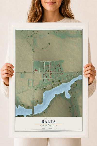 Map of Balta, North Dakota, 18 x 24 inch print in a white wood frame