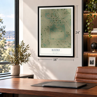 Bantry, North Dakota map, 18 x 24 inch print in a black frame in a home office