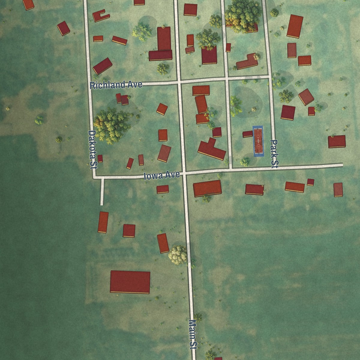Close-up of the map of Barney, North Dakota print showing street and building detail