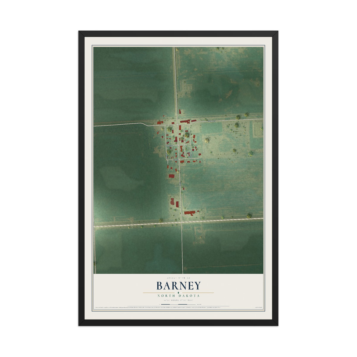 Map of Barney, North Dakota, 12 x 18 inch print in a black wood frame