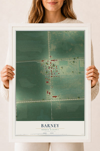 Map of Barney, North Dakota, 18 x 24 inch print in a white wood frame