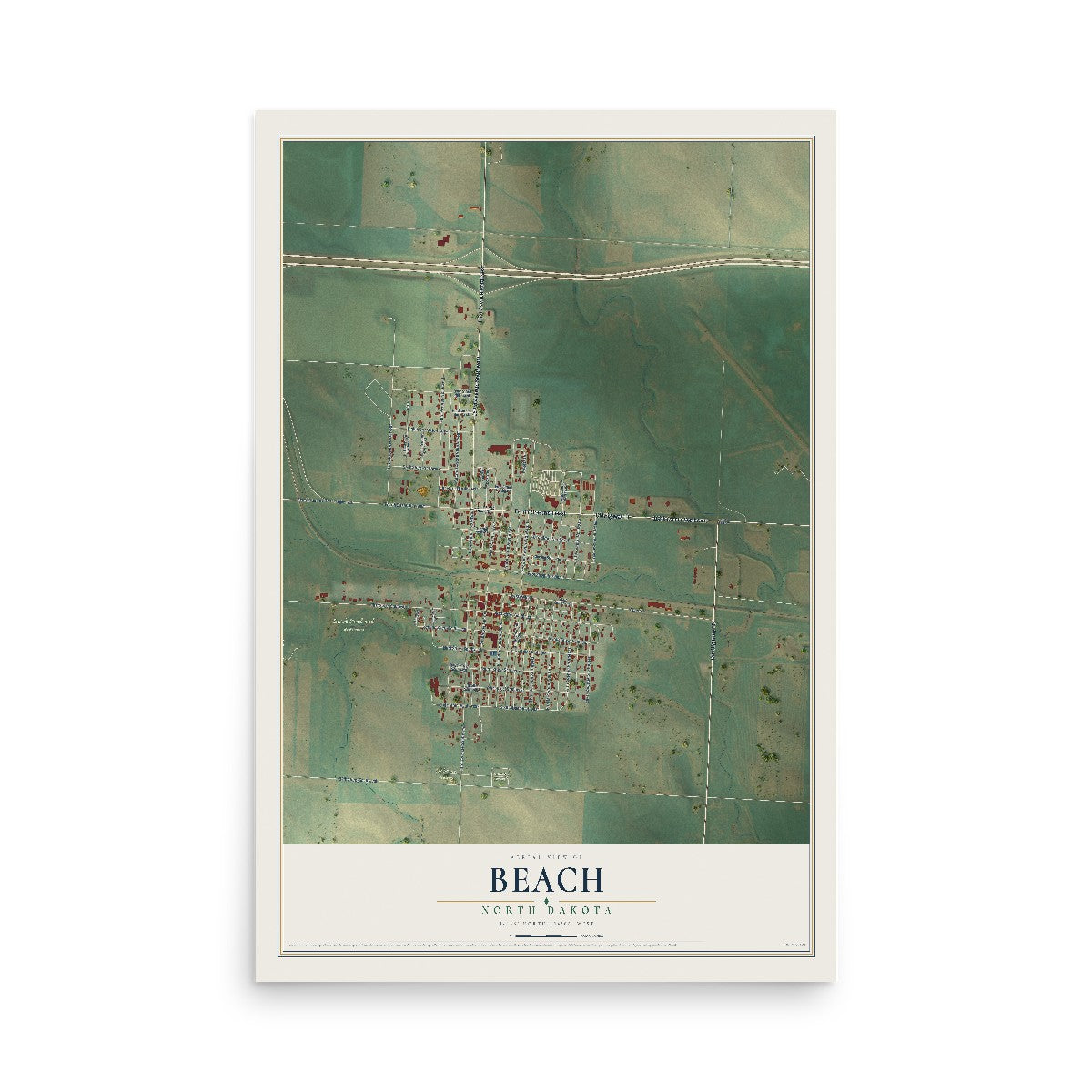 Map of Beach, North Dakota, 12 x 18 inch unframed archival matte print