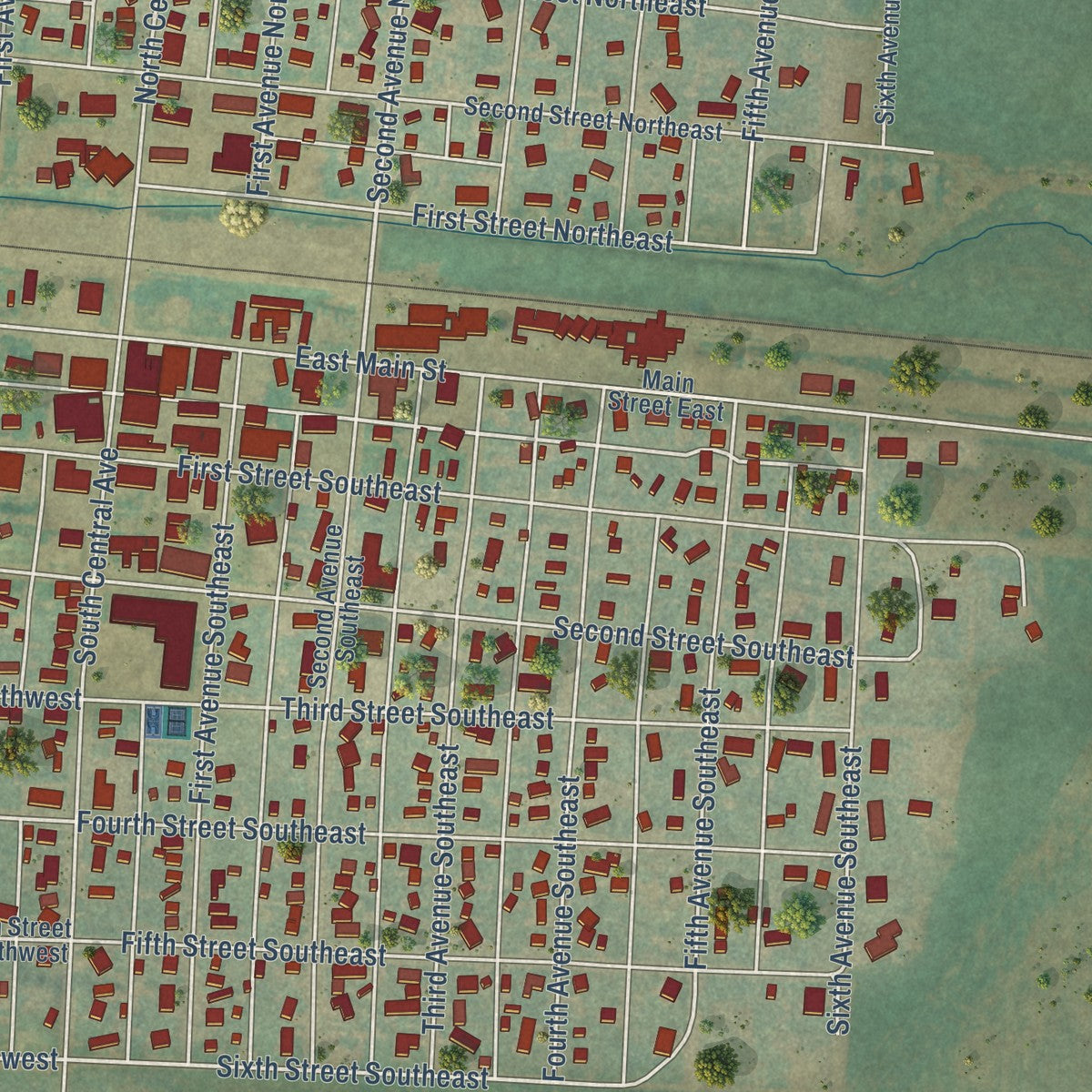 Close-up of the map of Beach, North Dakota print showing street and building detail