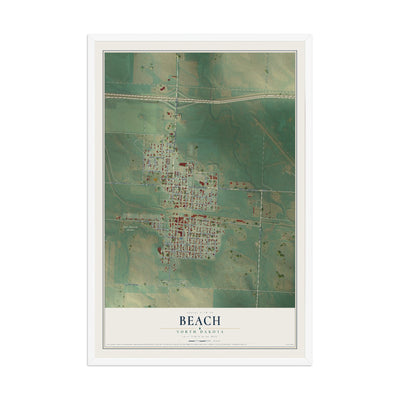 Map of Beach, North Dakota, 12 x 18 inch print in a white wood frame