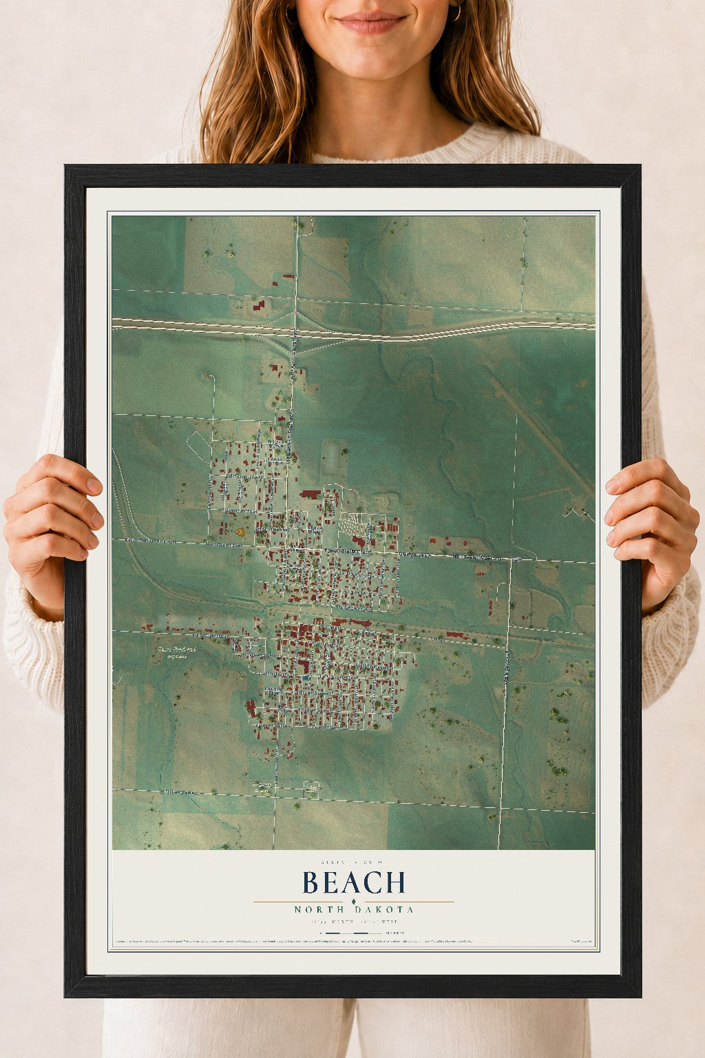 Map of Beach, North Dakota, 18 x 24 inch print in a black wood frame