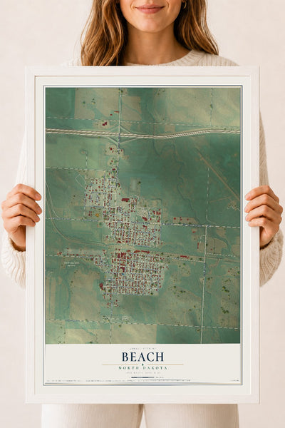 Map of Beach, North Dakota, 18 x 24 inch print in a white wood frame