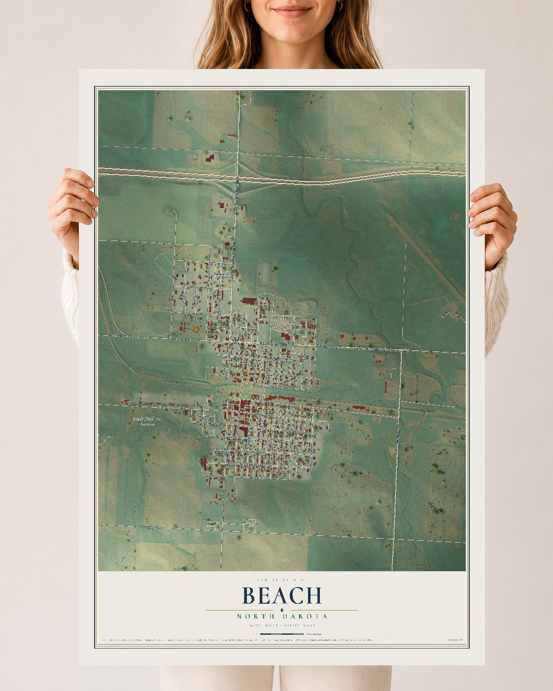 Map of Beach, North Dakota, 24 x 36 inch unframed archival matte print