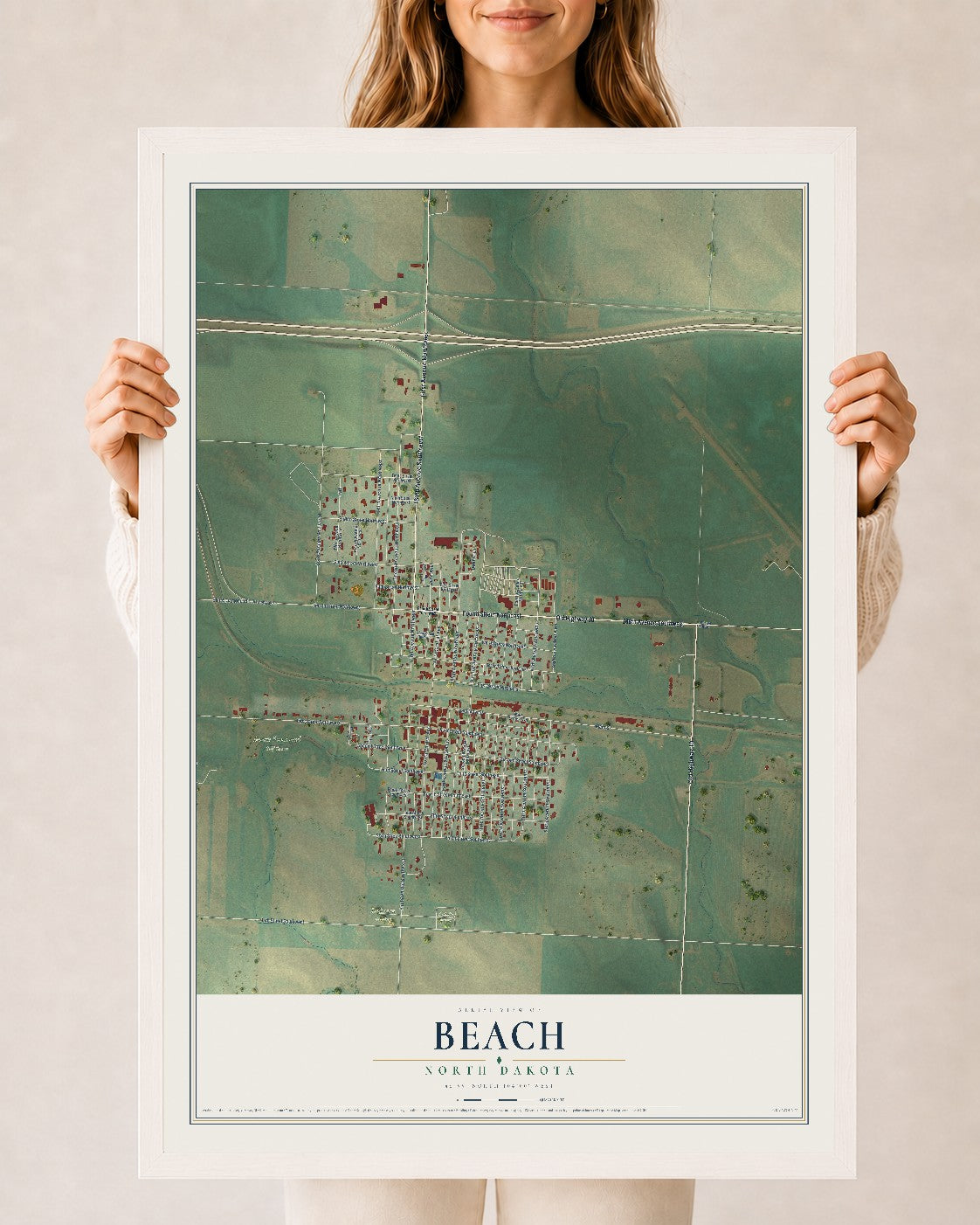 Map of Beach, North Dakota, 24 x 36 inch print in a white wood frame