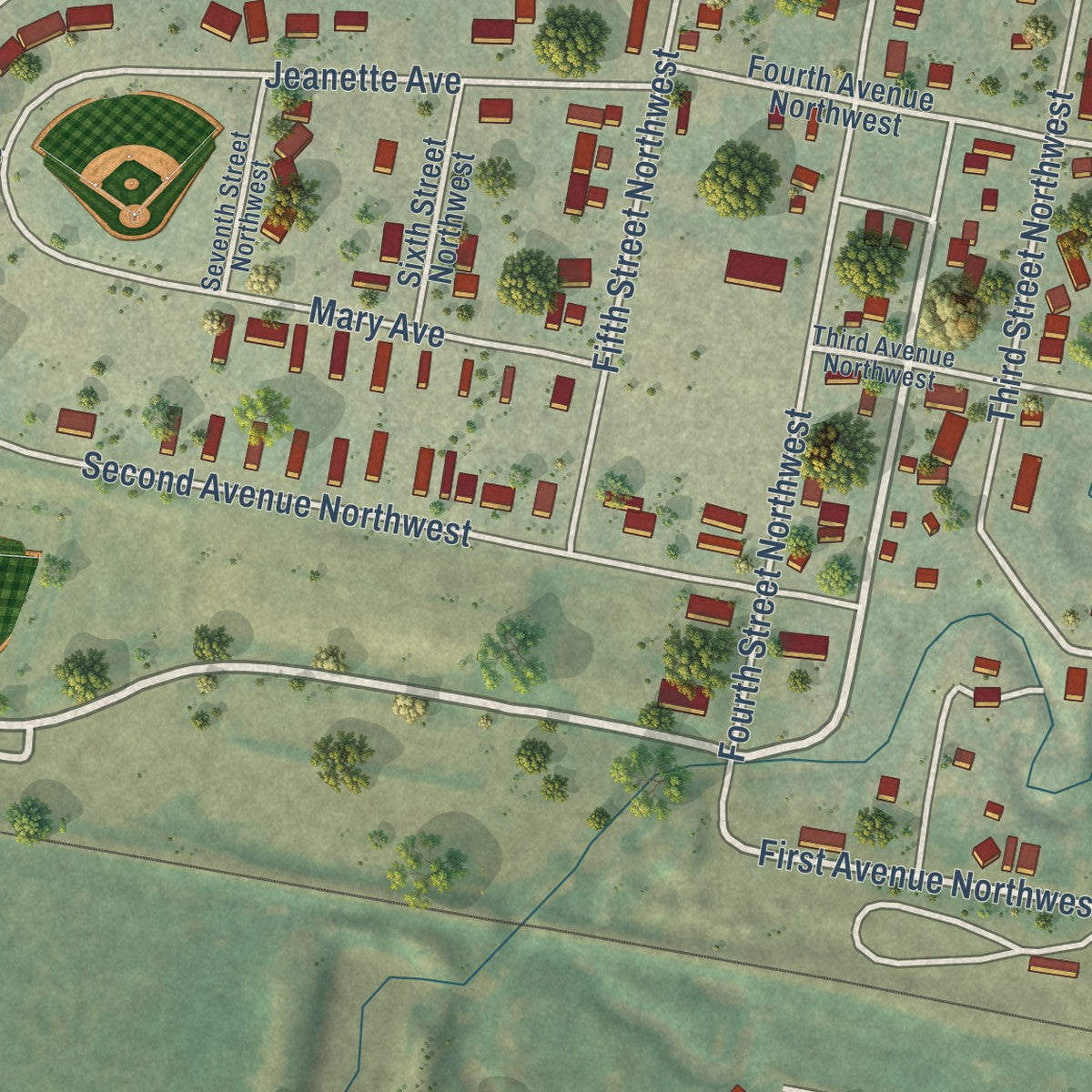 Second close-up of the map of Belfield, North Dakota print showing more streets and buildings