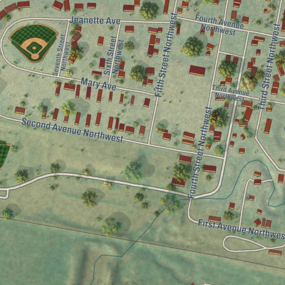 Second close-up of the map of Belfield, North Dakota print showing more streets and buildings