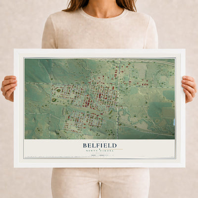 Map of Belfield, North Dakota, 12 x 18 inch print in a white wood frame