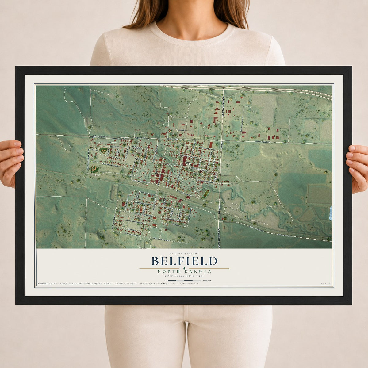 Map of Belfield, North Dakota, 18 x 24 inch print in a black wood frame