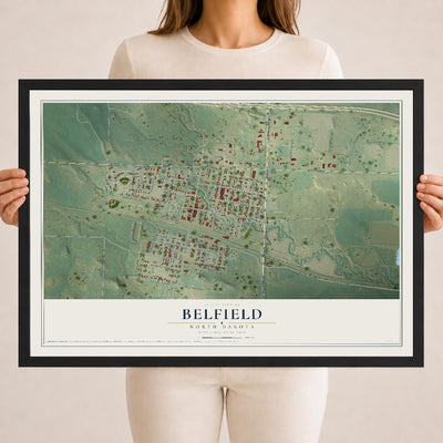 Map of Belfield, North Dakota, 18 x 24 inch print in a black wood frame