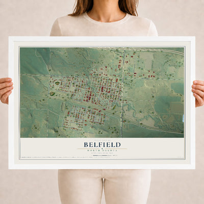 Map of Belfield, North Dakota, 18 x 24 inch print in a white wood frame