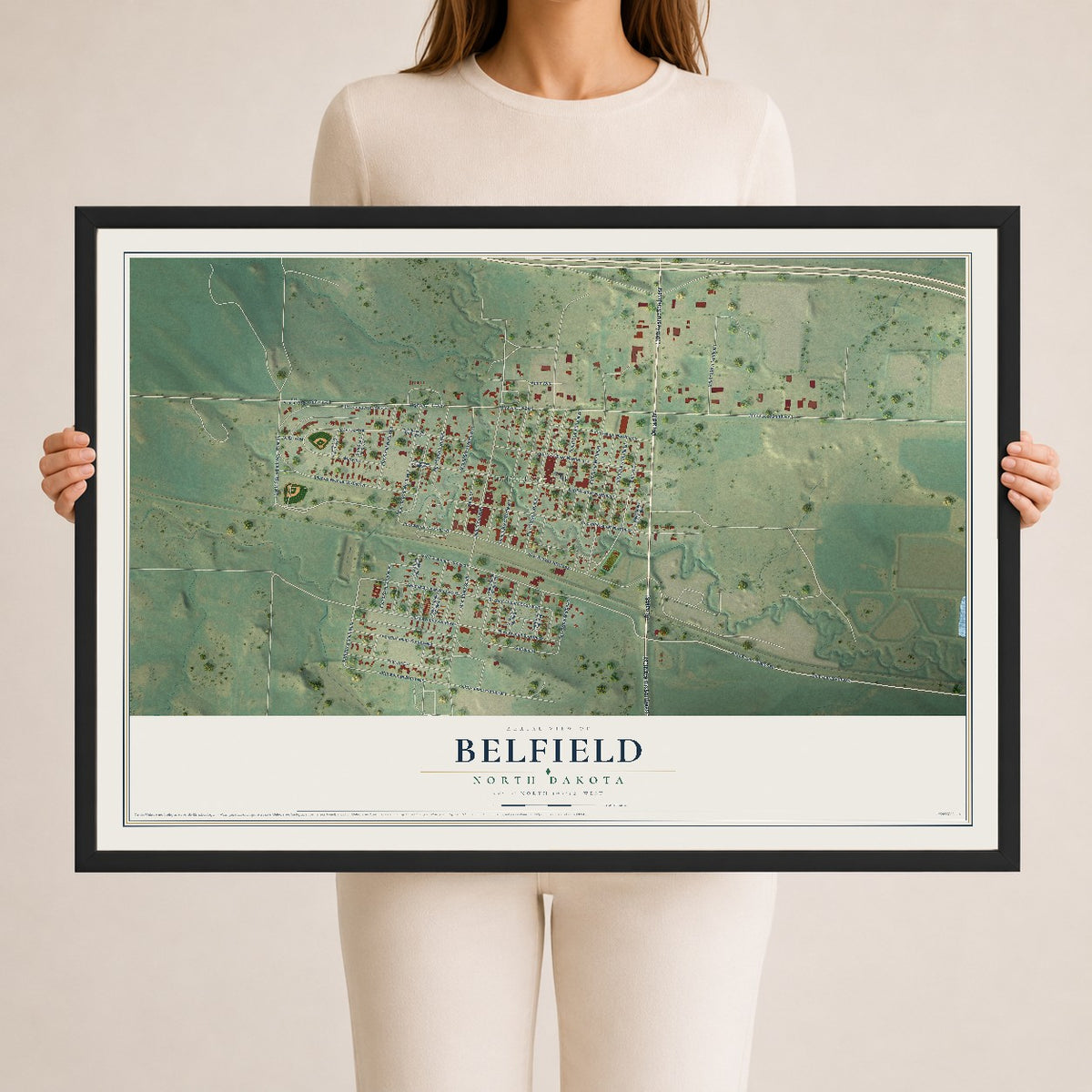 Map of Belfield, North Dakota, 24 x 36 inch print in a black wood frame