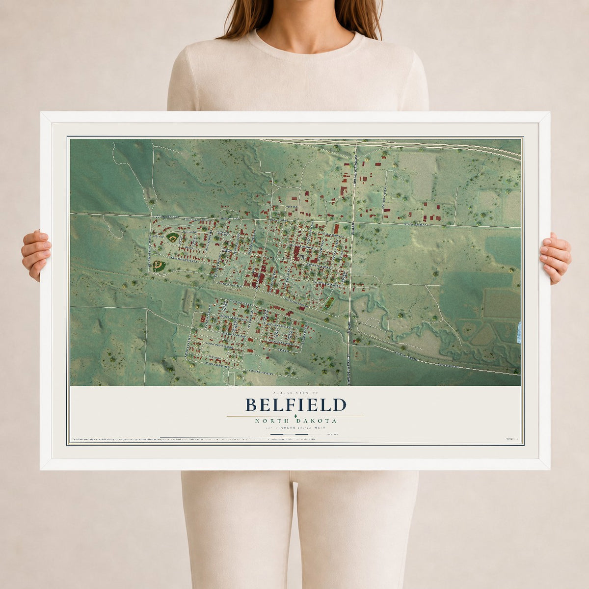 Map of Belfield, North Dakota, 24 x 36 inch print in a white wood frame