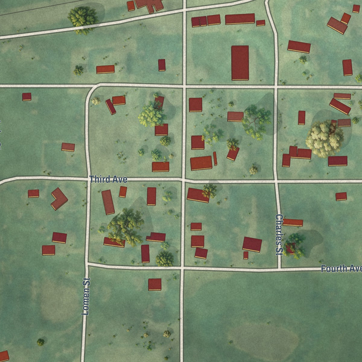 Close-up of the map of Benedict, North Dakota print showing street and building detail
