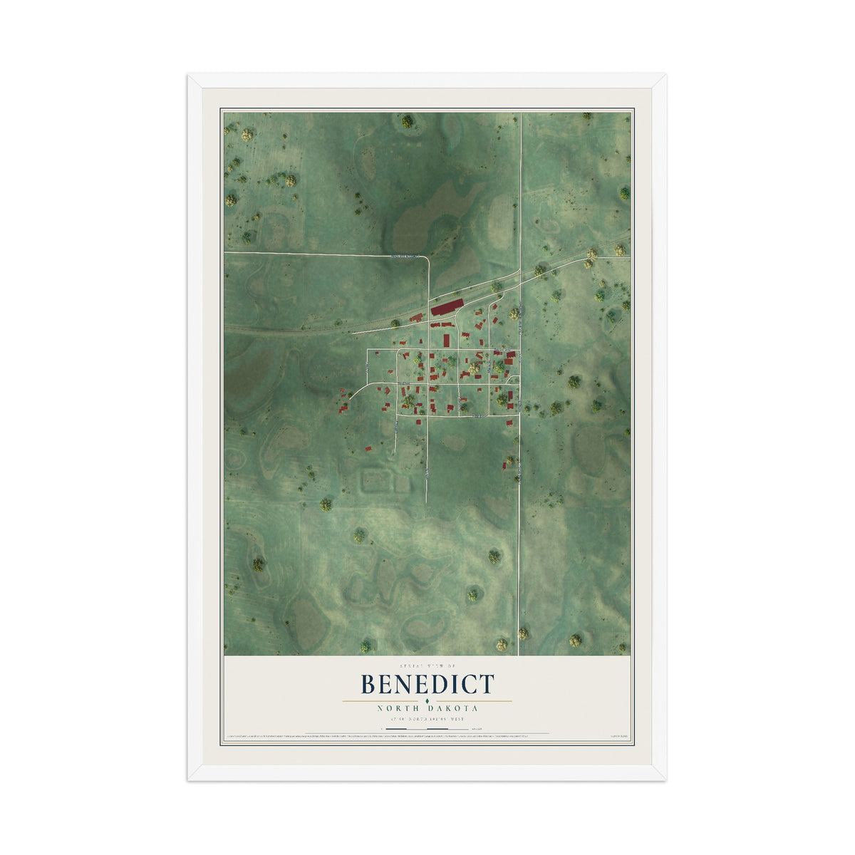 Map of Benedict, North Dakota, 12 x 18 inch print in a white wood frame