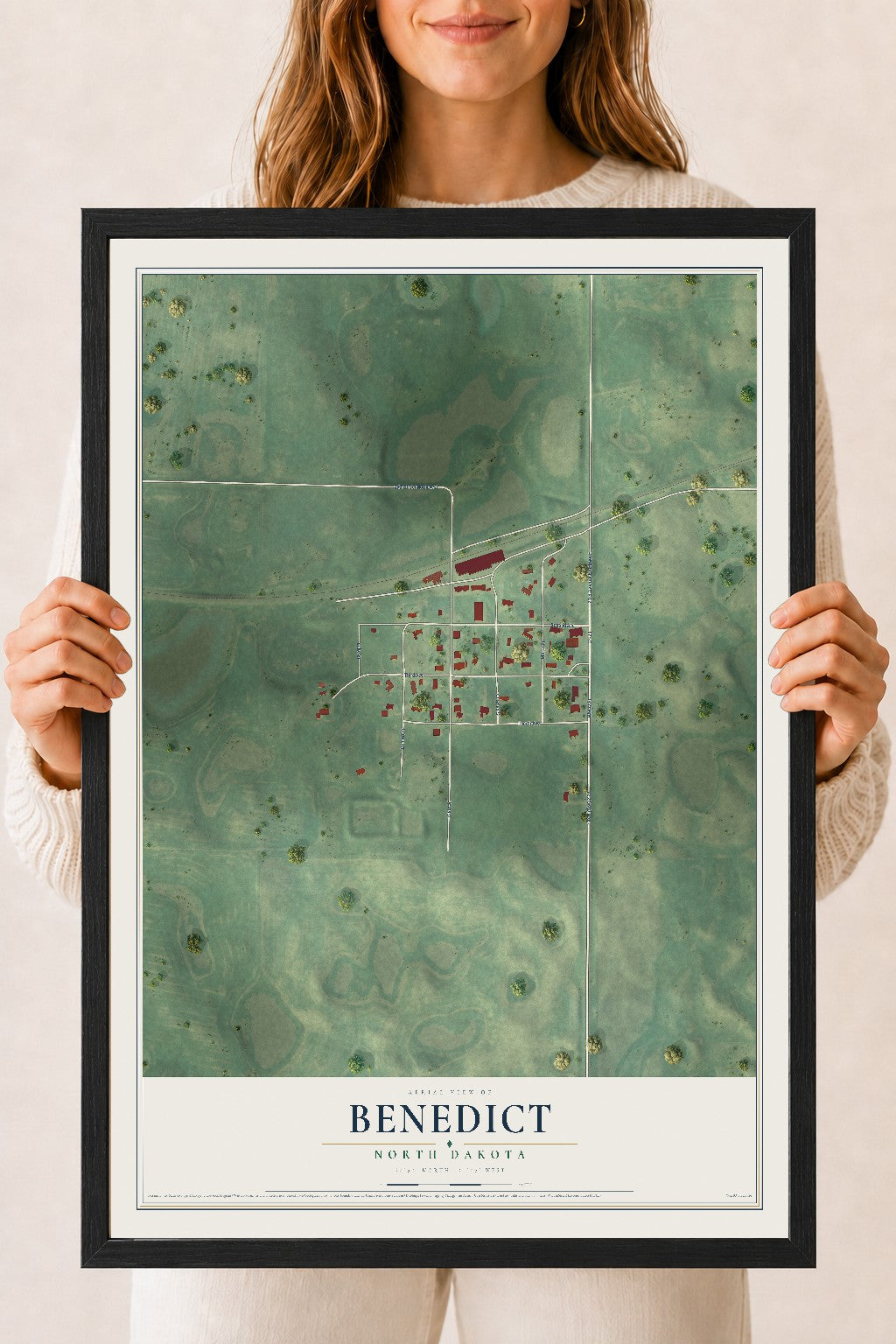 Map of Benedict, North Dakota, 18 x 24 inch print in a black wood frame