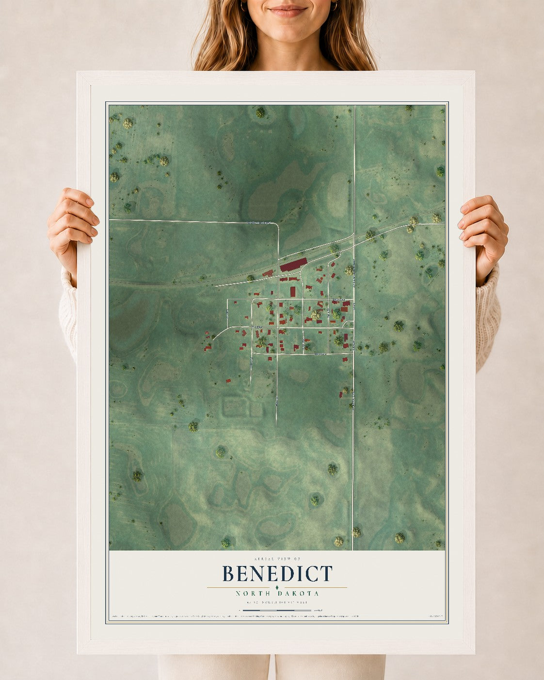 Map of Benedict, North Dakota, 24 x 36 inch print in a white wood frame