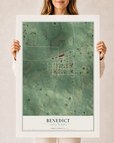 Map of Benedict, North Dakota, 24 x 36 inch print in a white wood frame