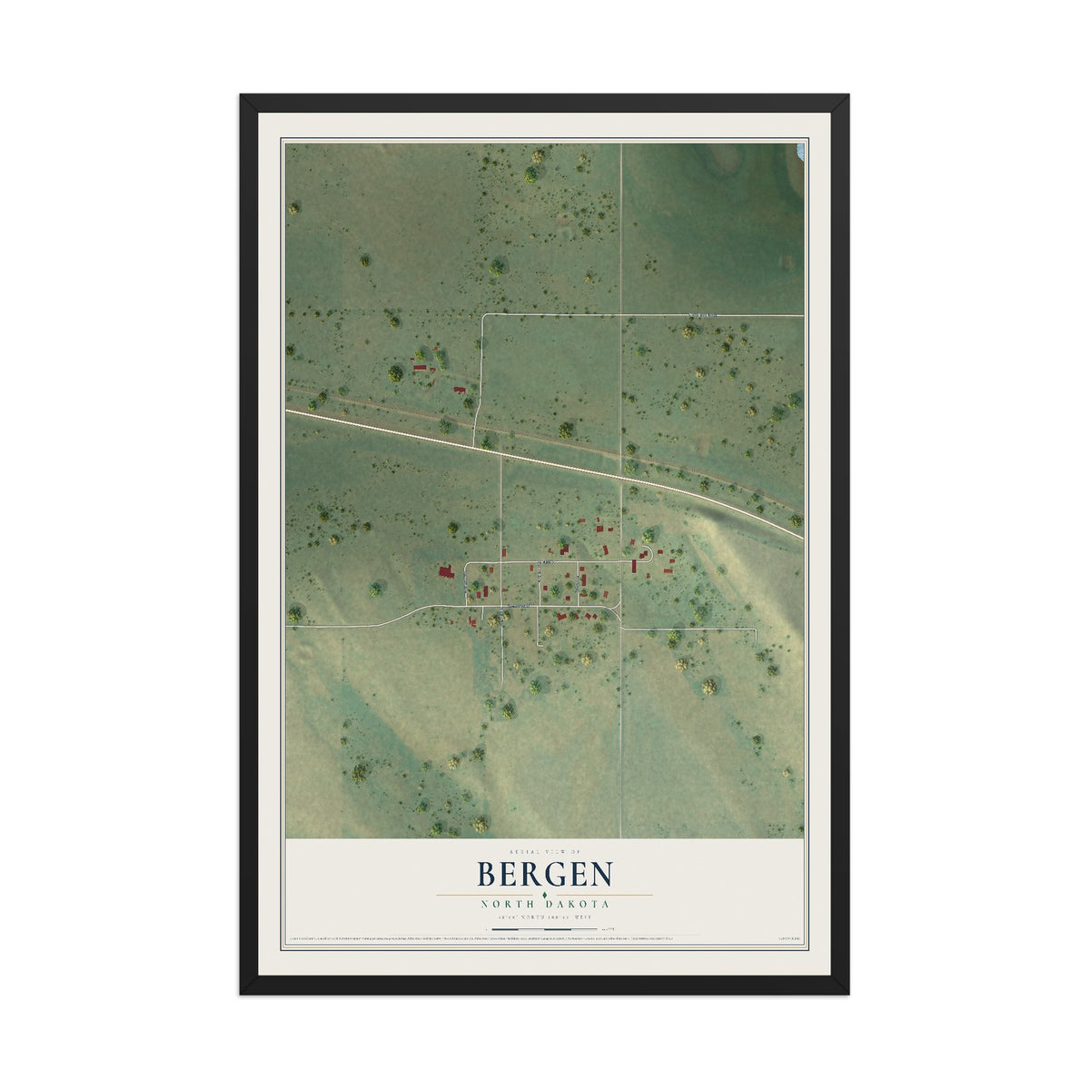 Map of Bergen, North Dakota, 12 x 18 inch print in a black wood frame