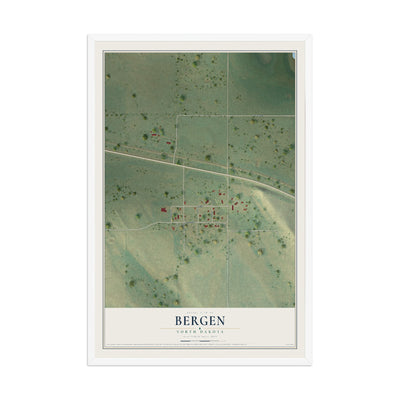 Map of Bergen, North Dakota, 12 x 18 inch print in a white wood frame