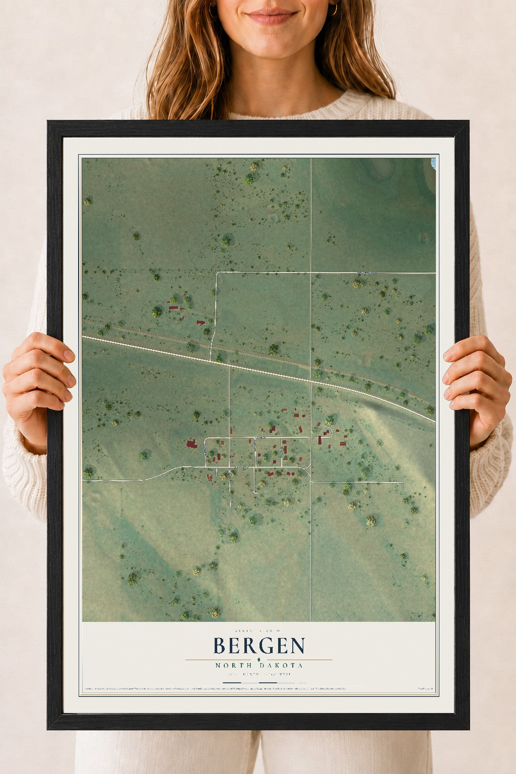 Map of Bergen, North Dakota, 18 x 24 inch print in a black wood frame