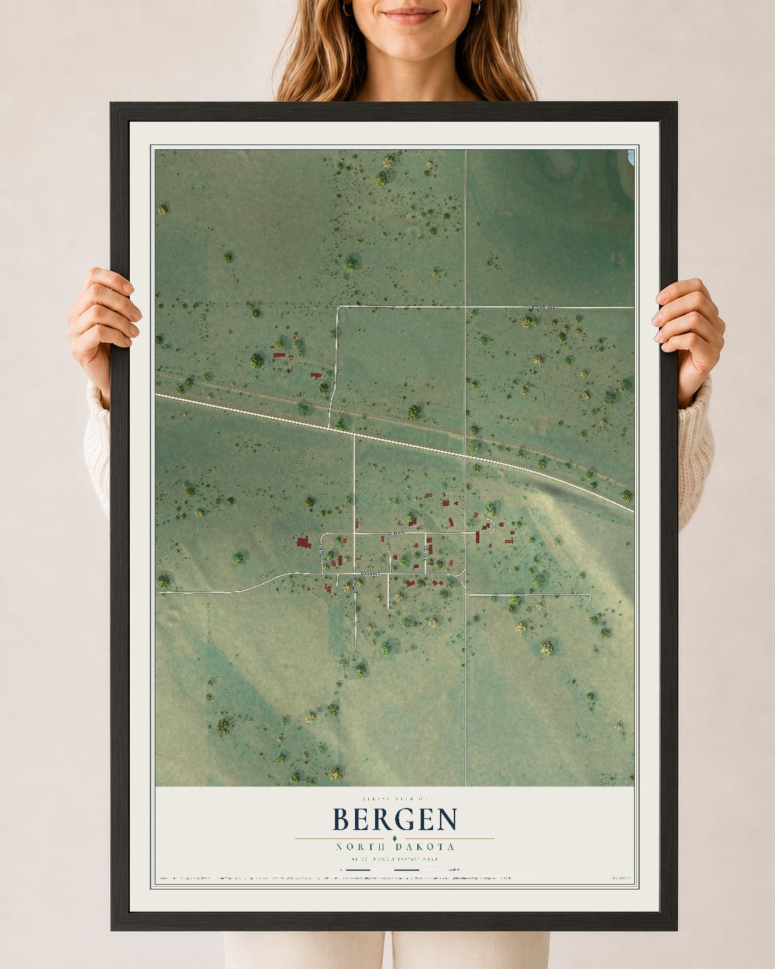 Map of Bergen, North Dakota, 24 x 36 inch print in a black wood frame