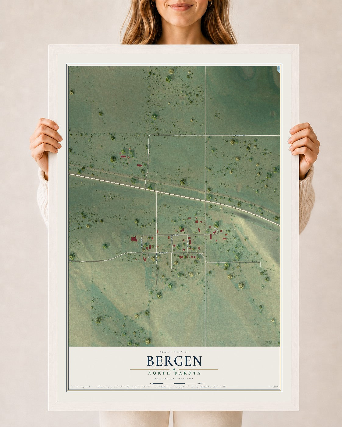 Map of Bergen, North Dakota, 24 x 36 inch print in a white wood frame
