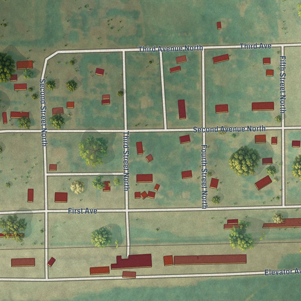 Close-up of the map of Berlin, North Dakota print showing street and building detail