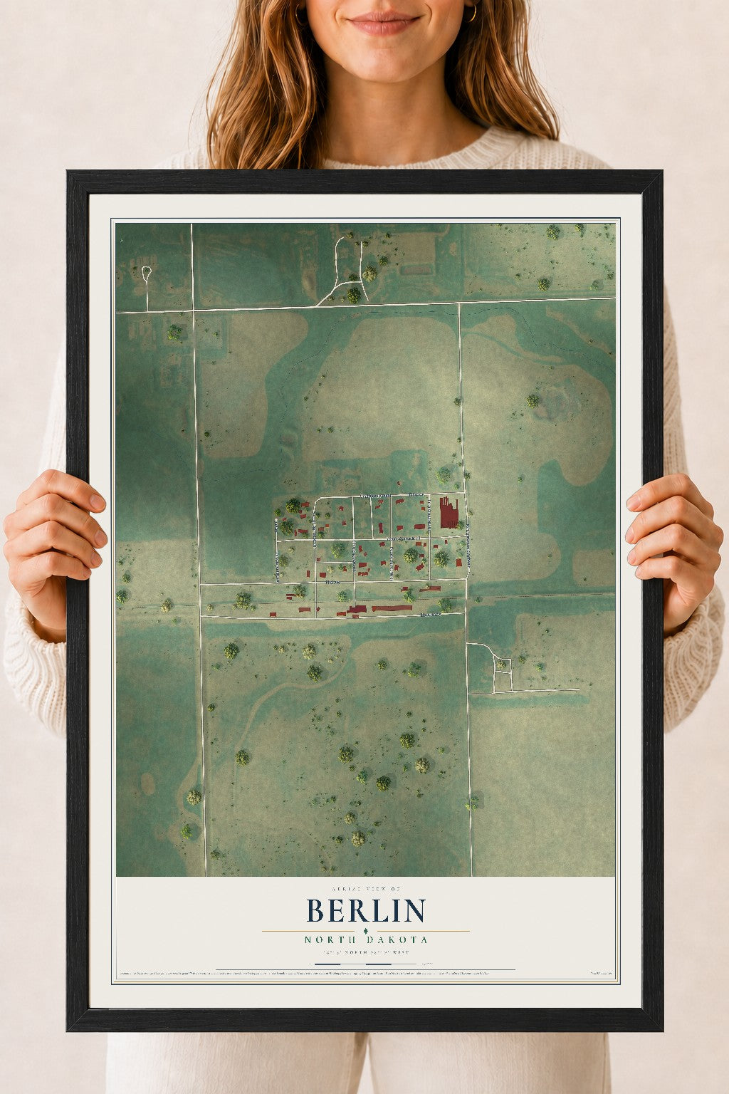Map of Berlin, North Dakota, 18 x 24 inch print in a black wood frame
