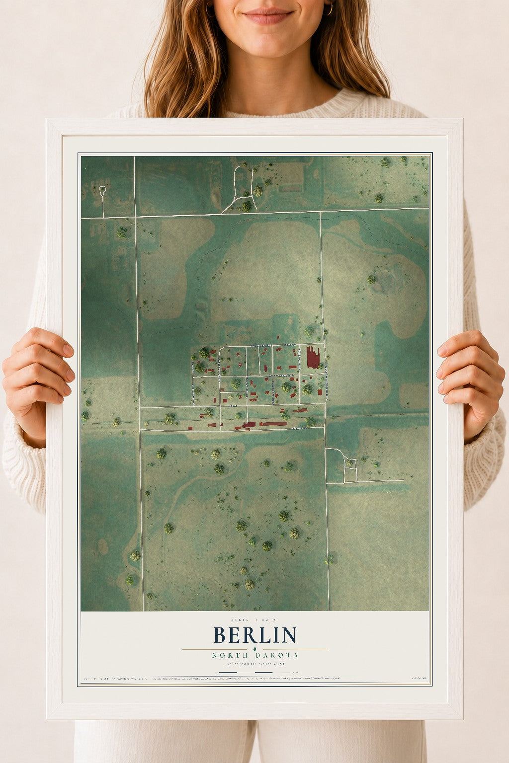 Map of Berlin, North Dakota, 18 x 24 inch print in a white wood frame