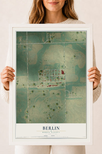 Map of Berlin, North Dakota, 18 x 24 inch print in a white wood frame