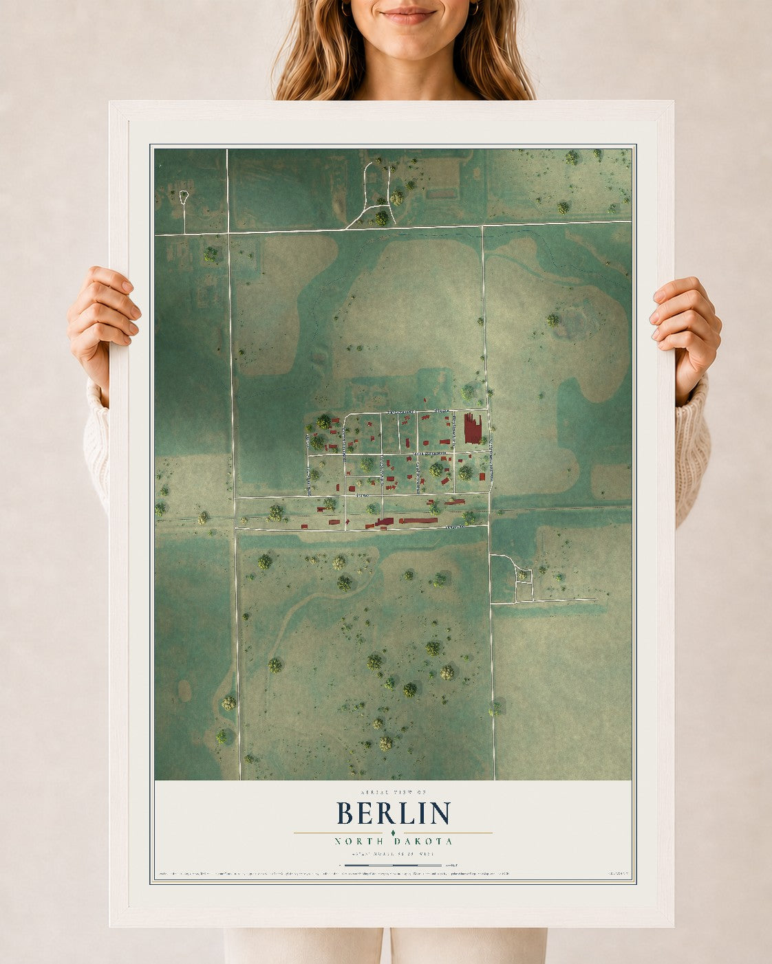 Map of Berlin, North Dakota, 24 x 36 inch print in a white wood frame