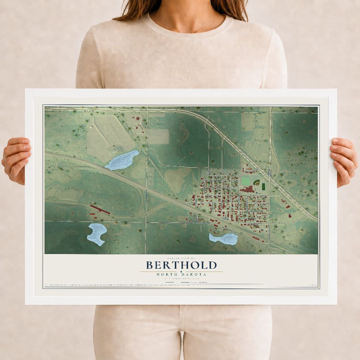 Map of Berthold, North Dakota, 12 x 18 inch print in a white wood frame
