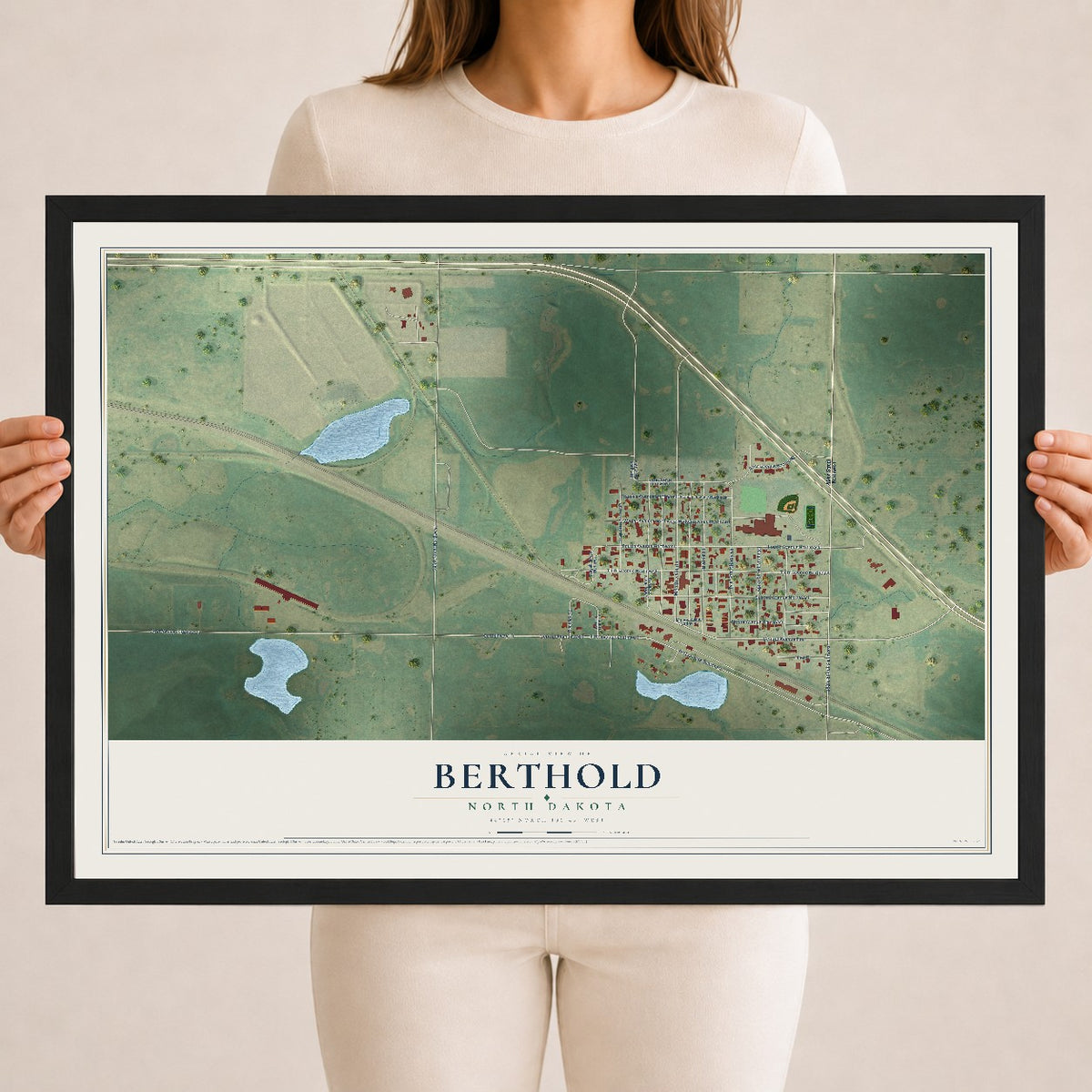 Map of Berthold, North Dakota, 18 x 24 inch print in a black wood frame