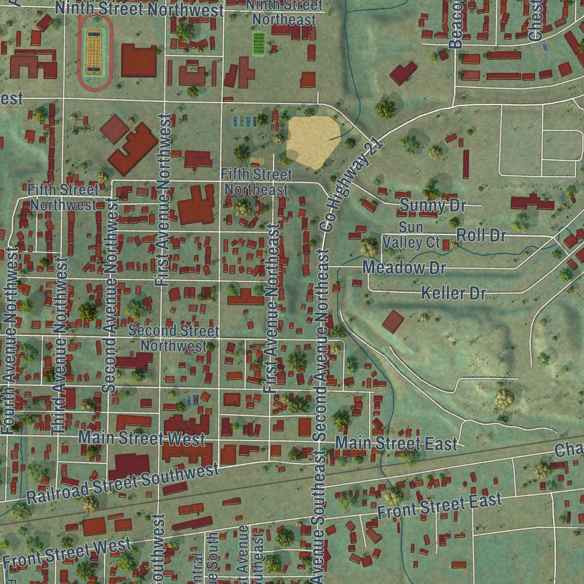 Close-up of the map of Beulah, North Dakota print showing street and building detail