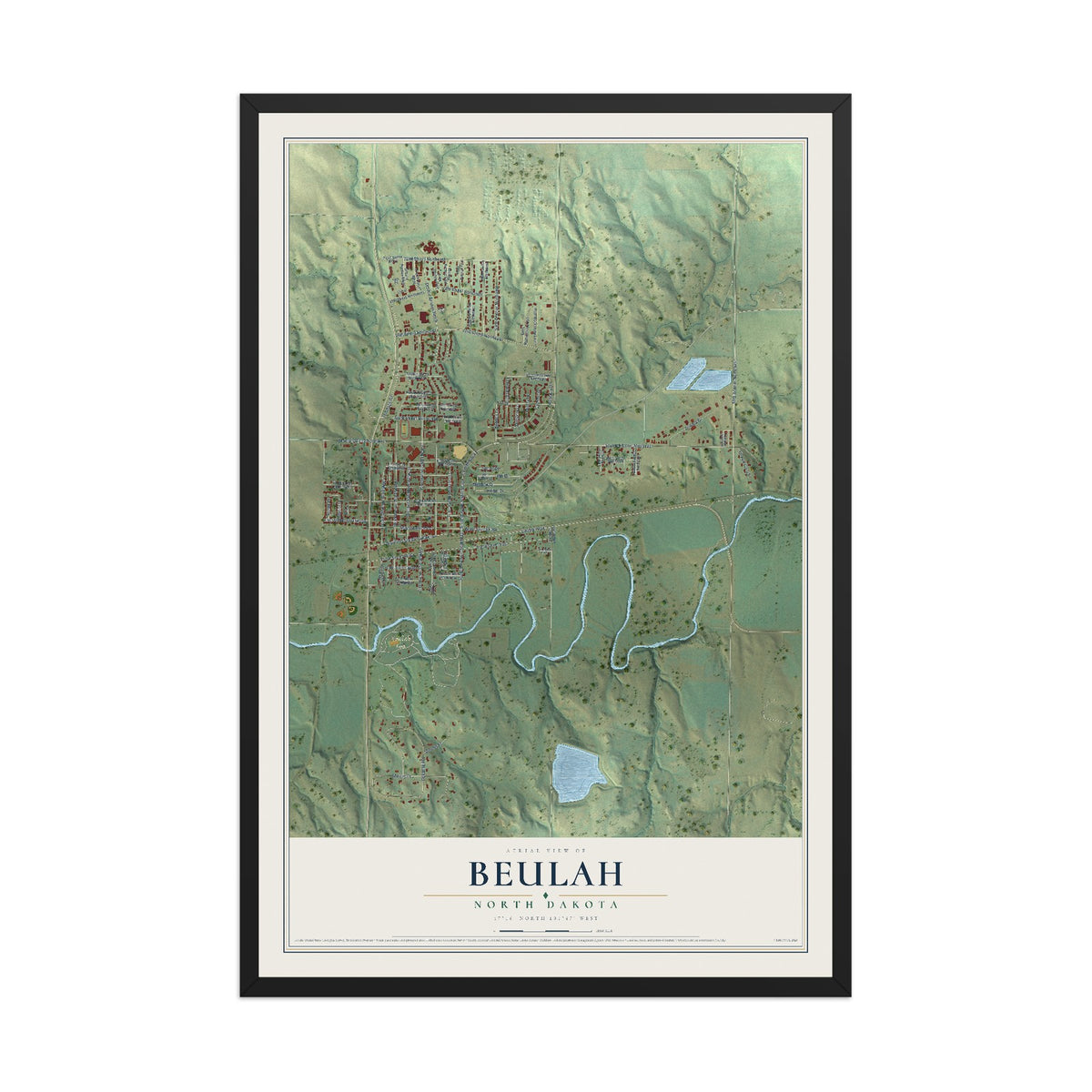 Map of Beulah, North Dakota, 12 x 18 inch print in a black wood frame
