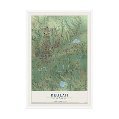 Map of Beulah, North Dakota, 12 x 18 inch print in a white wood frame