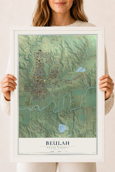 Map of Beulah, North Dakota, 18 x 24 inch print in a white wood frame