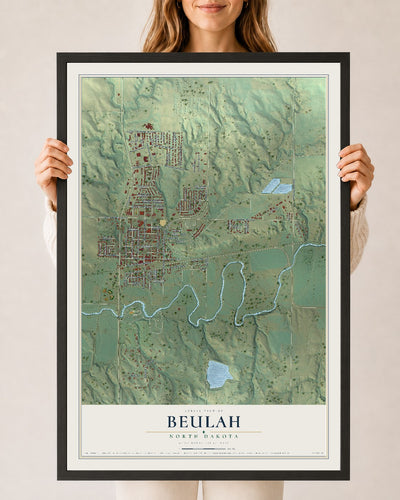 Map of Beulah, North Dakota, 24 x 36 inch print in a black wood frame