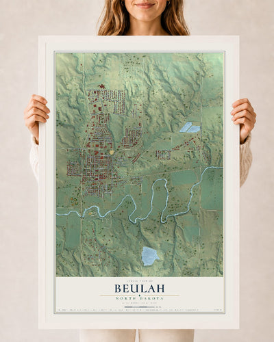 Map of Beulah, North Dakota, 24 x 36 inch print in a white wood frame