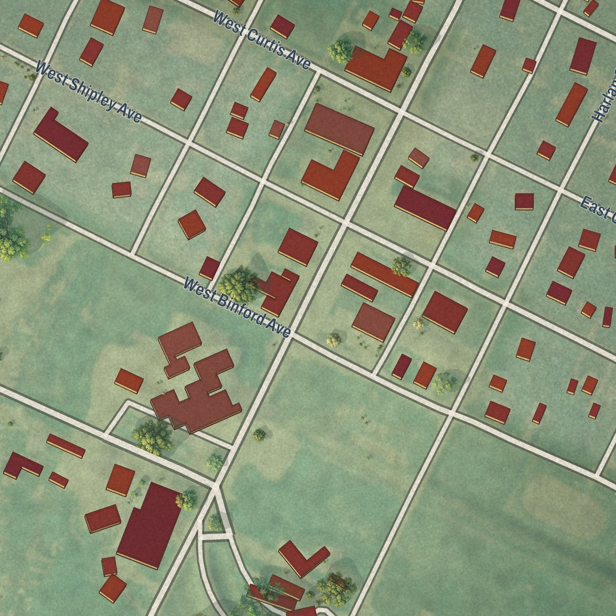 Close-up of the map of Binford, North Dakota print showing street and building detail
