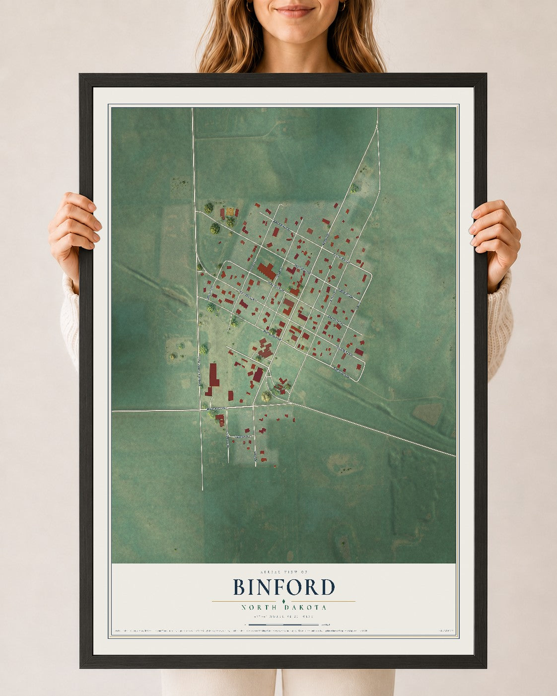Map of Binford, North Dakota, 24 x 36 inch print in a black wood frame