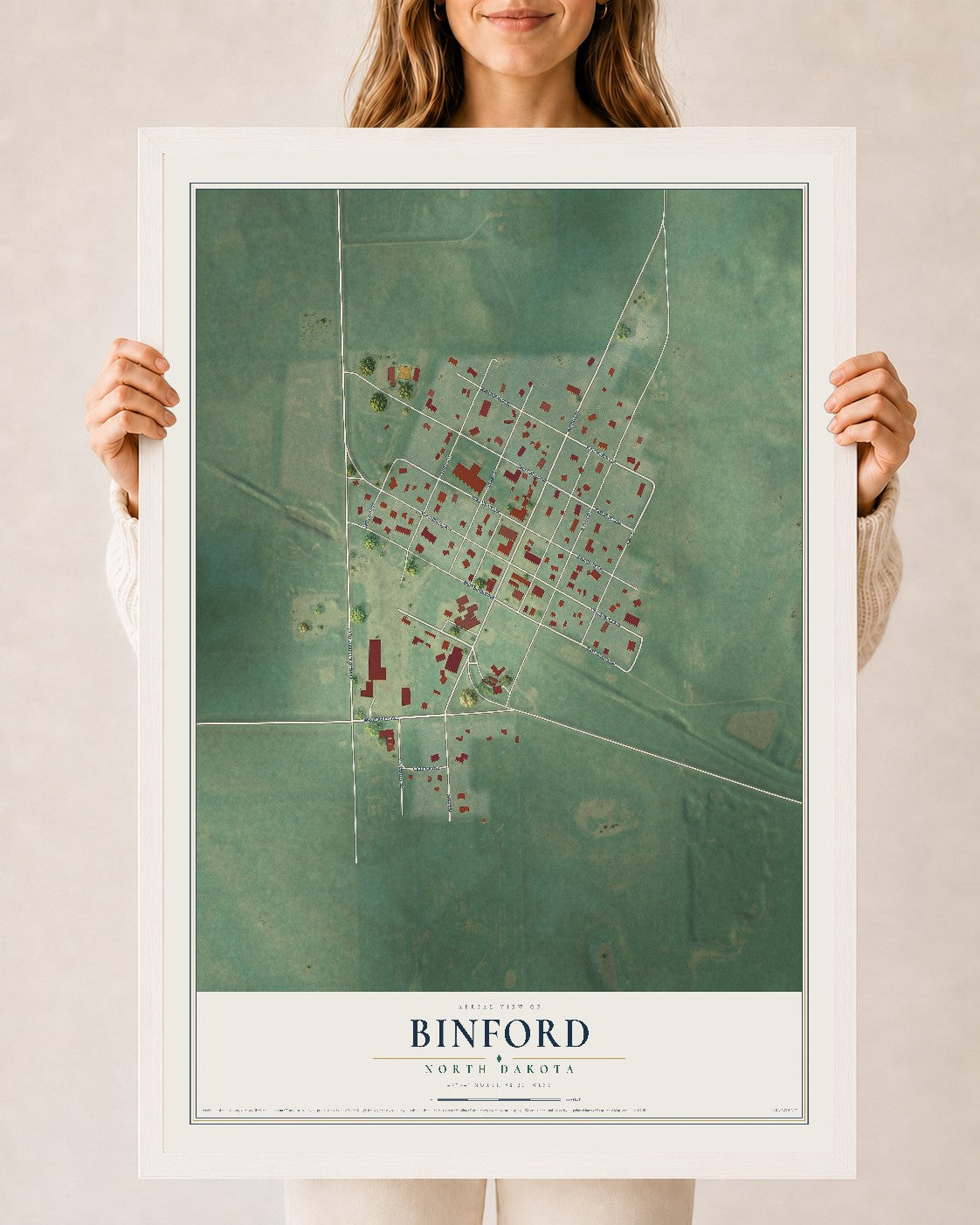 Map of Binford, North Dakota, 24 x 36 inch print in a white wood frame