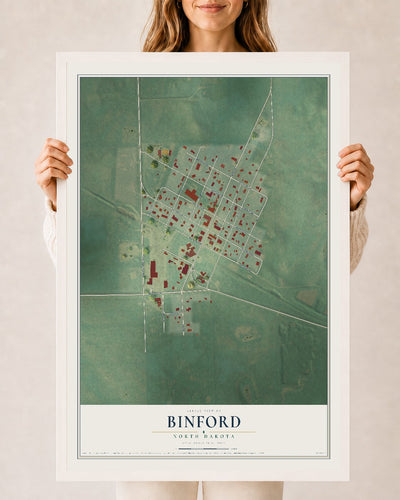 Map of Binford, North Dakota, 24 x 36 inch print in a white wood frame