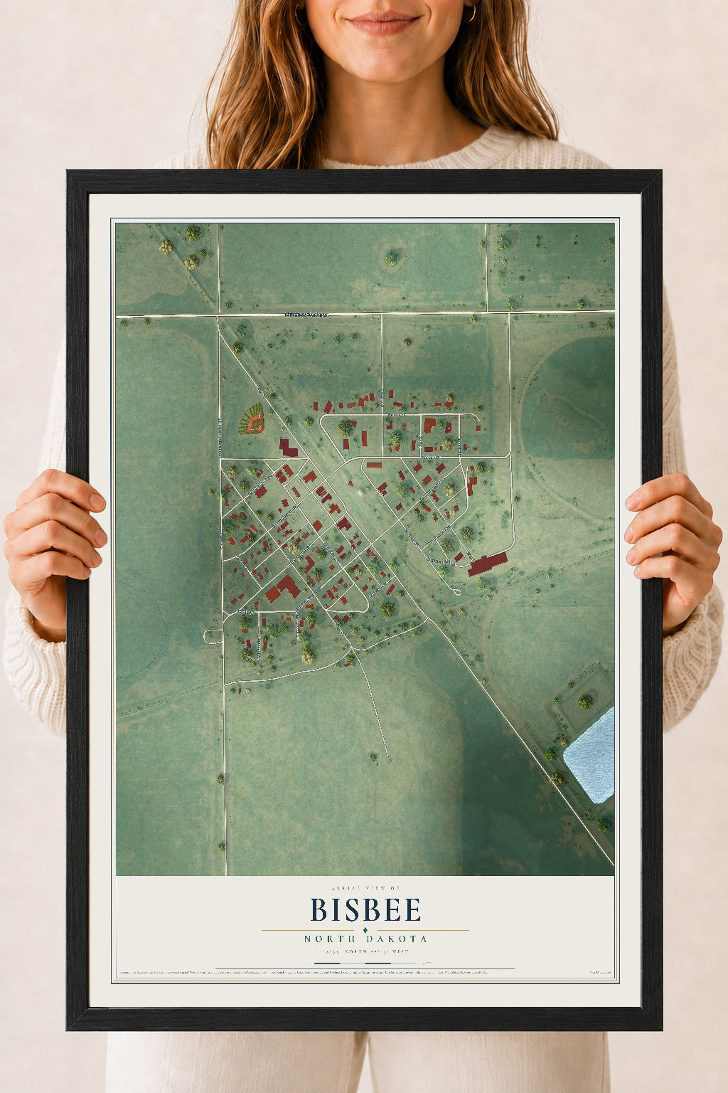 Map of Bisbee, North Dakota, 18 x 24 inch print in a black wood frame