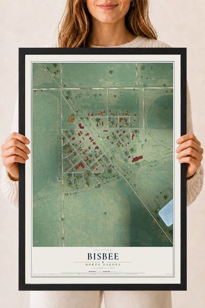 Map of Bisbee, North Dakota, 18 x 24 inch print in a black wood frame