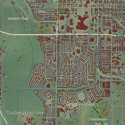 Second close-up of the map of Bismarck, North Dakota print showing more streets and buildings